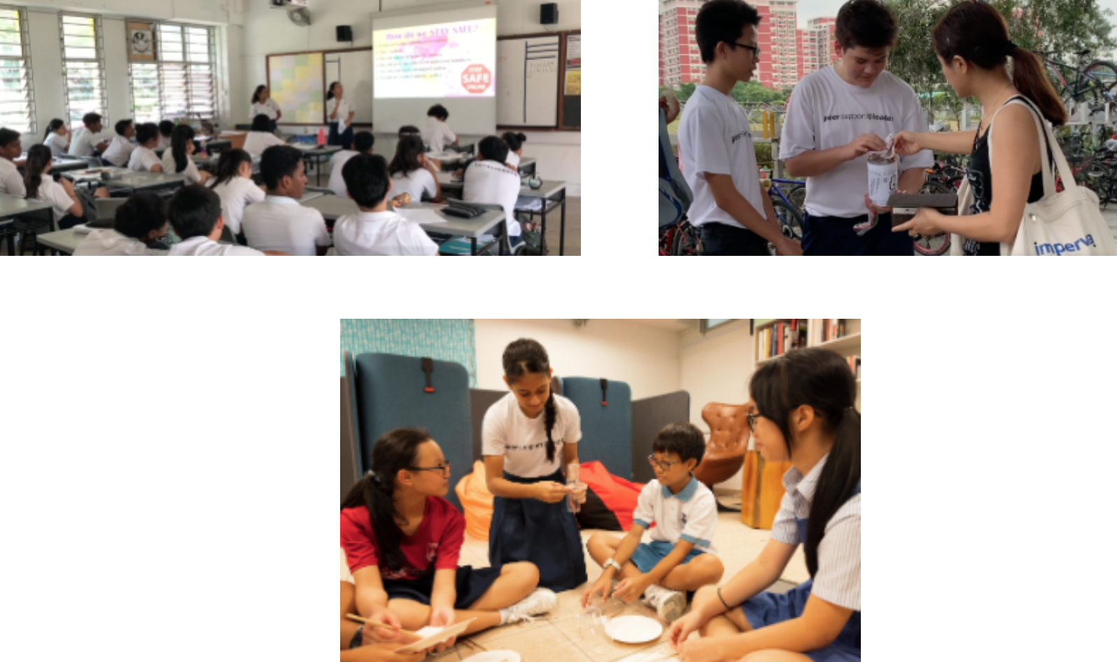 Three scenes show students in a classroom presentation, teens outdoors exchanging items, and children sitting on a floor doing an activity.